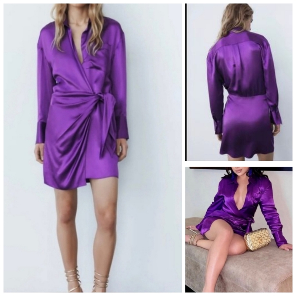 Zara nwt Satin effect wrap dress mini purple M - Picture 1 of 14